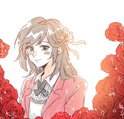 Rule 34 | 1girl, brown hair, closed mouth, earrings, flower, green eyes, hair ornament, jacket, jewelry, korean commentary, long hair, long sleeves, looking at viewer, lowres, pul8ang, red flower, red jacket, red rose, rosa (tears of themis), rose, shirt, simple background, solo, tears of themis, upper body, white background, white shirt