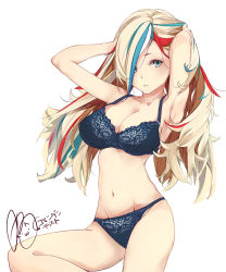 Rule 34 | 1girl, arms behind head, black bra, black panties, blonde hair, blue eyes, blue hair, bra, breasts, cleavage, collarbone, commandant teste (kancolle), hands in hair, highres, kantai collection, large breasts, looking at viewer, multicolored hair, navel, panties, parted lips, red hair, rizzl, signature, solo, streaked hair, underwear, underwear only, white background, white hair