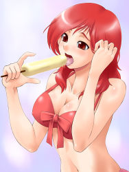 Rule 34 | 00s, 1girl, bikini, breasts, cleavage, food, front-tie top, large breasts, navel, open mouth, popsicle, red eyes, red hair, saki (manga), sexually suggestive, solo, strap gap, swimsuit, takei hisa, tongue, yaso shigeru