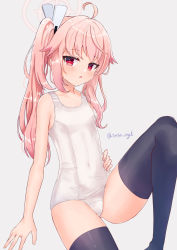 Rule 34 | 1girl, ahoge, black thighhighs, blue archive, breasts, collarbone, commentary request, hair ornament, halo, highres, looking at viewer, natsu (blue archive), open mouth, pink hair, red eyes, school swimsuit, sese nagi, side ponytail, small breasts, solo, swimsuit, thighhighs, twitter username