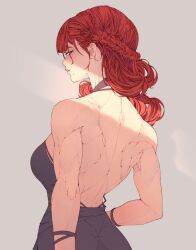 Rule 34 | 1girl, back, backless dress, backless outfit, braid, dress, elliemaplefox, highres, long hair, looking back, mole, mole under mouth, muscular, muscular female, original, red eyes, red hair, solo
