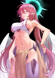 Rule 34 | 1girl, black background, black panties, blush, breasts, bright pupils, cleft of venus, commission, spiked halo, cowboy shot, duplicate, from below, glowing, glowing eyes, groin, hair between eyes, halo, hand on own hip, highres, jibril (no game no life), k pring, large breasts, long hair, low wings, midriff, navel, no game no life, panties, parted lips, pelvic curtain, pink hair, pointy ears, purple thighhighs, sideboob, simple background, single thighhigh, solo, stomach, tattoo, thighhighs, underwear, very long hair, wings, yellow eyes
