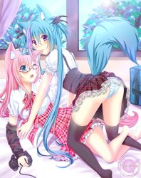 Rule 34 | 2girls, ;o, animal ears, artist name, ass, bare legs, barefoot, batusawa, blue eyes, blue hair, blush, bow, controller, detached sleeves, dress, glasses, kneepits, multiple girls, nibbling, on bed, on person, one eye closed, original, panties, pink hair, polka dot, polka dot dress, puffy sleeves, purple eyes, semi-rimless eyewear, striped clothes, striped panties, tail, thighhighs, twintails, underwear, window