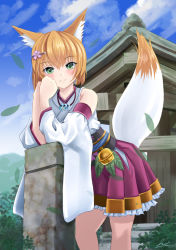 Rule 34 | 1girl, animal ear fluff, animal ears, bare shoulders, bell, blonde hair, blue sky, closed mouth, cloud, cloudy sky, commentary request, day, detached sleeves, falling leaves, fox ears, fox girl, fox tail, frilled skirt, frills, green eyes, hair between eyes, hands up, highres, japanese clothes, jewelry, jingle bell, kimono, leaf, long sleeves, looking at viewer, magatama, magatama necklace, necklace, original, outdoors, pleated skirt, purple skirt, skirt, sky, sleeveless, sleeveless kimono, smile, solo, tail, tail raised, white kimono, wide sleeves, yumibakama meme