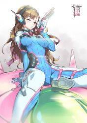 Rule 34 | 1girl, blurry, bodysuit, breasts, breasts apart, brown hair, ceda (dace), character name, d.va (overwatch), depth of field, glint, gun, highres, long hair, mecha, meka (overwatch), one eye closed, overwatch, overwatch 1, pilot suit, robot, sitting, solo, weapon
