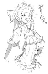 Rule 34 | 1girl, :d, bonnet, breasts, capelet, fangs, greyscale, hand up, hit-kun, lolita fashion, long hair, long sleeves, looking at viewer, monochrome, ojou-sama pose, open mouth, overlord (maruyama), ponytail, ribbon, shalltear bloodfallen, simple background, small breasts, smile, solo, teeth, very long hair, white background
