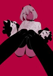 Rule 34 | 1girl, ascot, black choker, black shorts, black thighhighs, bob cut, brooch, choker, demon horns, empty eyes, fake horns, feet out of frame, frilled sleeves, frills, from below, hair ornament, hakase fuyuki, head tilt, highres, horns, jewelry, knees together feet apart, looking at viewer, looking down, nijisanji, official alternate costume, official alternate hairstyle, red background, red eyes, romaji commentary, shaded face, shirt, short hair, short shorts, shorts, sleeves past fingers, sleeves past wrists, solo, star-shaped pupils, star (symbol), symbol-shaped pupils, thighhighs, virtual youtuber, white ascot, white hair, white shirt, yodare (3yami8)
