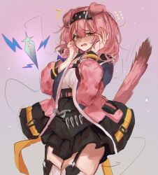Rule 34 | 1girl, absurdres, animal ears, arknights, black hairband, black jacket, black skirt, blue bow, blue jacket, blush, bow, braid, cat ears, cat girl, cat tail, cowboy shot, floppy ears, garter straps, goldenglow (arknights), gradient background, hair bow, hair ornament, hairband, hairclip, hands on own face, hands up, highres, jacket, kaguura (kagu), lightning bolt print, long sleeves, looking at viewer, miniskirt, multicolored clothes, multicolored jacket, open clothes, open jacket, open mouth, orange eyes, pink hair, pink jacket, pleated skirt, print hairband, purple background, shirt, simple background, sketch, skirt, solo, standing, tail, thighhighs, white shirt, white thighhighs