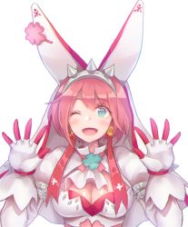 Rule 34 | 1girl, aqua eyes, arc system works, bad id, bad pixiv id, blue eyes, blush, breasts, bridal veil, cleavage, clover, dress, earrings, elphelt valentine, female focus, four-leaf clover, g.t, gloves, guilty gear, guilty gear xrd, hairband, hat, jewelry, large breasts, looking at viewer, one eye closed, open mouth, pink hair, ribbon, shiny skin, short hair, smile, solo, spikes, veil, wedding dress, white dress, wink