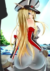 Rule 34 | 10s, 1girl, ass, bare shoulders, bismarck (kancolle), blonde hair, blue eyes, brown gloves, day, detached sleeves, dock, dress, gloves, harbor, hat, kantai collection, long hair, looking at viewer, looking back, peaked cap, sitting, sketch, sky, solo, taut clothes, taut dress, ufo leia, very long hair, water
