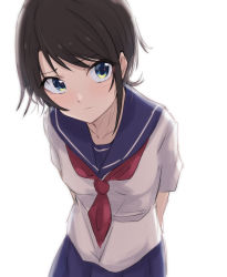 Rule 34 | 1girl, alternate costume, arms behind back, backlighting, black hair, blue eyes, blue skirt, blush, breasts, closed mouth, commentary, cowboy shot, embarrassed, highres, hololive, looking away, looking to the side, moyashi tomozuku, oozora subaru, red neckwear, sailor collar, school uniform, serafuku, shirt, short hair, short sleeves, simple background, skirt, small breasts, solo, virtual youtuber, white background, white shirt