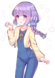 Rule 34 | 1girl, aikatsu!, aikatsu! (series), blue jumpsuit, blush, braid, hikami sumire, jacket, jumpsuit, long hair, long sleeves, looking at viewer, makiaato, open clothes, open jacket, parted lips, purple eyes, purple hair, side ponytail, sleeves past wrists, solo, white background, yellow jacket