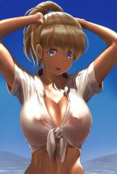 Rule 34 | 1girl, blonde hair, blue eyes, blue scrunchie, breasts, cleavage, collared shirt, day, dripping, hands in hair, highres, intrepid (kancolle), kantai collection, large breasts, looking at viewer, no bra, open mouth, outdoors, ponytail, scrunchie, see-through, shirt, sky, solo, tied shirt, upper body, wa (genryusui), wet, white shirt