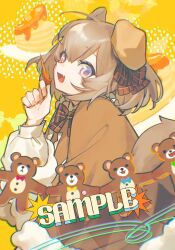 Rule 34 | 1girl, :d, ahoge, animal ears, bear ears, bow, bowtie, brown capelet, brown eyes, brown hair, capelet, chromatic aberration, fang, food, hand up, hat, highres, holding, holding leaf, leaf, long sleeves, looking at viewer, medium hair, naku (naku999ziye), open mouth, original, pancake, plaid, plaid bow, plaid bowtie, puffy long sleeves, puffy sleeves, sample watermark, shirt, smile, solo, tail, watermark, white shirt, yellow background