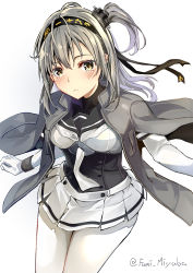 Rule 34 | 10s, 1girl, blush, bodysuit, brown eyes, closed mouth, commentary, cowboy shot, gloves, grey hair, hair between eyes, headband, highres, jacket, jacket on shoulders, jacob dream world, kantai collection, long hair, looking at viewer, miniskirt, one side up, pantyhose, pleated skirt, revision, sailor collar, school uniform, serafuku, simple background, skirt, solo, suzutsuki (kancolle), uniform, white background, white gloves, white pantyhose, white skirt