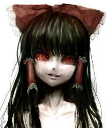 Rule 34 | 1girl, bad id, bad pixiv id, black hair, bow, collarbone, creepy, female focus, hair bow, hair tubes, hakurei reimu, horror (theme), lastdark, long hair, looking at viewer, open mouth, red eyes, simple background, smile, solo, teeth, topless frame, touhou, upper body, white background