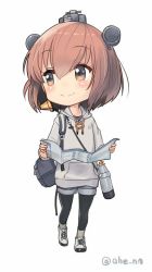 Rule 34 | 1girl, ahenn, bag, black pantyhose, blush, brown eyes, brown hair, chibi, closed mouth, commentary request, full body, grey hoodie, grey shorts, hair between eyes, headgear, holding, holding map, hood, hood down, hoodie, kantai collection, pantyhose under shorts, long sleeves, looking away, looking to the side, map, pantyhose, shoes, short hair, short shorts, shorts, shoulder bag, smile, solo, speaking tube headset, standing, twitter username, white footwear, yukikaze (kancolle)