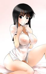 Rule 34 | 00s, 1girl, bed, black eyes, black hair, blush, bottomless, breasts, clenched teeth, cosaten, dress shirt, highres, impossible clothes, large breasts, looking at viewer, nipples, no bra, school rumble, see-through, shirt, simple background, solo, suou mikoto (school rumble), teeth