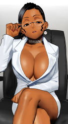 Rule 34 | 1girl, arung samudra (cessa), black eyes, black hair, breasts, cessa, chair, cleavage, coat, crossed legs, dark-skinned female, dark skin, earrings, feet out of frame, formal, glasses, hair bun, hand up, huge breasts, jewelry, long sleeves, looking at viewer, nail polish, no bra, office chair, ombok diving and delivery services, parted lips, red nails, single hair bun, sitting, skirt, skirt suit, solo, suit, swivel chair, white coat