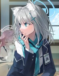 Rule 34 | 2girls, absurdres, ahoge, animal ear fluff, animal ears, blazer, blue archive, blue eyes, blue halo, blue scarf, bright pupils, buttoned cuffs, buttons, closed eyes, cross hair ornament, grey hair, hair ornament, halo, highres, hoshino (blue archive), indoors, jacket, long hair, long sleeves, medium hair, multiple girls, nose bubble, pink hair, revision, scarf, school uniform, sei!cho, shiroko (blue archive), sleeping, sleeping upright, table, white pupils, window, wolf ears