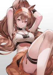 Rule 34 | 1girl, angelina (arknights), animal ears, arknights, armpits, arms up, ball, basketball, basketball (object), blazpu, breasts, brown eyes, brown hair, cleavage, clothes around waist, fox ears, fox girl, hairband, highres, holding, holding ball, infection monitor (arknights), jacket, jacket around waist, lying, official alternate costume, on back, red hairband, sportswear, striped clothes, striped hairband, thigh strap, twintails, two-tone hairband, wristband
