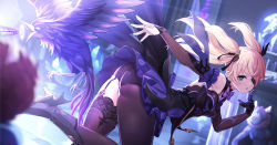 Rule 34 | 1girl, ass, bare shoulders, bird, black thighhighs, blonde hair, blurry, blush, breasts, commentary request, depth of field, detached sleeves, dress, elbow gloves, eyepatch, feathers, fischl (genshin impact), flying, frills, garter straps, genshin impact, gloves, green eyes, hair ribbon, long hair, looking at viewer, open mouth, panties, ribbon, single thighhigh, small breasts, solo, tamakaga, thighhighs, twintails, two side up, underwear, wings