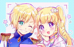 Rule 34 | 1boy, 1girl, :d, ;d, blonde hair, blue eyes, blue gloves, blue jacket, blush, brother and sister, choker, commentary request, epaulettes, gloves, grin, hair ornament, hand on own cheek, hand on own face, hand up, holding, holding phone, idol clothes, idol time pripara, jacket, long hair, long sleeves, looking at viewer, one eye closed, open mouth, phone, pink jacket, pretty series, pripara, purple choker, purple eyes, short hair, siblings, smile, star (symbol), star hair ornament, taking picture, touyama soboro, two side up, upper body, viewfinder, yumekawa shogo, yumekawa yui