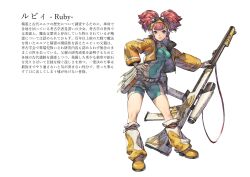 Rule 34 | 1girl, belt pouch, blue eyes, boots, breasts, character sheet, closed mouth, concept art, covered navel, fingerless gloves, full body, gloves, goggles, goggles on head, gun, hand on own hip, highres, jacket, kotatsu (g-rough), long hair, long sleeves, looking at viewer, medium breasts, open clothes, open jacket, original, pink hair, pouch, rifle, ruby (kotatsu (g-rough)), scope, simple background, smile, sniper rifle, solo, standing, translation request, twintails, unitard, weapon, zipper, zipper pull tab