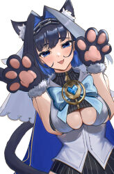 1girl animal_ears animal_hands black_hair black_skirt blue_eyes blue_hair bow bow_earrings breasts cat_ears cat_tail chain chain_headband clothing_cutout colored_inner_hair earrings eipanguino extra_ears gloves heart-shaped_gem highres hololive hololive_english jewelry large_breasts multicolored_hair open_mouth ouro_kronii ouro_kronii_(1st_costume) paw_gloves shirt simple_background skirt sleeveless sleeveless_shirt solo tail underboob_cutout virtual_youtuber white_background white_shirt