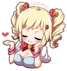 Rule 34 | 1girl, animated, animated gif, artist name, blinking, blonde hair, blue eyes, bow, bracelet, breasts, chikkuru, cleavage, drill hair, female focus, food, fruit, gaia online, hair ornament, hairclip, heart, jewelry, looking at viewer, lowres, smile, solo, strawberry