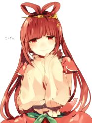 Rule 34 | 1girl, bad id, bad pixiv id, blunt bangs, chinese clothes, green ribbon, hair ornament, hair rings, hair stick, hanfu, head tilt, long hair, long sleeves, looking at viewer, magi the labyrinth of magic, obi, red eyes, red hair, ren kougyoku, ribbon, sash, simple background, solo, upper body, white background, wide sleeves