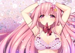 Rule 34 | 1girl, armpits, arms up, blush, bow, bowtie, bra, breasts, cherry blossoms, cleavage, commentary request, day, floating hair, gloves, hair ornament, hair scrunchie, hairclip, highres, large breasts, long hair, looking at viewer, loose neckwear, miharu (ringo sui), one side up, original, outdoors, petals, pink bra, pink hair, pink scrunchie, red bow, red bowtie, ringo sui, scrunchie, sidelocks, solo, underwear, undone bowtie, upper body, very long hair, white gloves