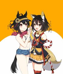 Rule 34 | animal ears, aot kwc, bad id, bad pixiv id, black hair, blue archive, blush, breasts, cleavage, cosplay, costume switch, detached sleeves, fang, fox ears, fox tail, hair ornament, horse ears, horse girl, izuna (blue archive), izuna (swimsuit) (blue archive), kitasan black (umamusume), look-alike, looking at viewer, medium breasts, red eyes, shorts, simple background, swimsuit, tail, thighhighs, translation request, umamusume, visor cap