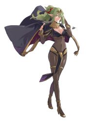 Rule 34 | 1girl, absurdres, alternate costume, black cape, bodystocking, bodysuit, bracelet, breasts, bridal gauntlets, cape, cleavage, commentary, cosplay, costume, covered navel, dark mage (fire emblem awakening), english commentary, fire emblem, fire emblem awakening, gold trim, green eyes, green hair, hair between eyes, hair ribbon, high heels, highres, holding, holding cape, holding clothes, jewelry, large breasts, long hair, looking at viewer, navel, nintendo, parted lips, pelvic curtain, pointy ears, ponytail, red ribbon, ribbon, sakuremi, signature, simple background, skin tight, smile, solo, teeth, tharja (cosplay), tharja (fire emblem), tharja (fire emblem) (cosplay), tiki (adult) (fire emblem), tiki (fire emblem), white background