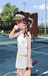 Rule 34 | 1girl, ball, bare arms, bare shoulders, blush, brown hair, brown hat, day, elisia valfelto, hair intakes, hand up, hat, high ponytail, highres, holding, long hair, looking at viewer, luicent, original, outdoors, parted lips, pleated skirt, ponytail, racket, shirt, skirt, sleeveless, sleeveless shirt, solo, sportswear, sweat, tennis, tennis ball, tennis court, tennis net, tennis racket, tennis uniform, visor cap, white shirt, white skirt