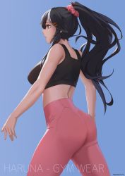 Rule 34 | 1girl, alternate costume, ass, bare shoulders, black hair, black sports bra, blue background, brown eyes, character name, echt, hair ornament, hairclip, haruna (kancolle), high-waist pants, high ponytail, highres, kantai collection, long hair, midriff, open mouth, pants, pink lips, pink scrunchie, red pants, scrunchie, sports bra, thighs, yoga pants