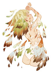 Rule 34 | 1girl, arms up, ass, barefoot, blonde hair, closed mouth, cropped legs, cuts, detached hair, fantasy, feathers, from behind, green hair, growing feathers, injury, leaf, leotard, long hair, looking away, multicolored hair, neetiska, orange hair, original, profile, simple background, solo, white background, white leotard, yellow eyes