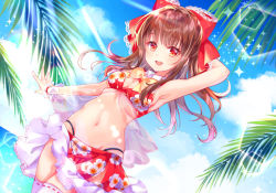 Rule 34 | 1girl, :d, arm behind head, armpits, bikini, bikini skirt, bow, breasts, brown hair, cleavage, floating hair, floral print, groin, hair bow, hakurei reimu, layered skirt, long hair, looking at viewer, miniskirt, miyakoto, navel, open mouth, palm tree, print bikini, red bikini, red bow, red eyes, ribbon-trimmed legwear, ribbon trim, sideboob, skirt, small breasts, smile, solo, standing, sunlight, swimsuit, thighhighs, touhou, tree, very long hair, white thighhighs, wrist cuffs, yellow neckwear