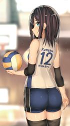 Rule 34 | 1girl, aqua eyes, arm at side, ass, ball, black hair, black thighhighs, blue shorts, blurry, blurry background, breasts, closed mouth, elbow pads, from behind, holding, holding ball, indoors, kureha (ironika), looking at viewer, looking back, medium breasts, original, profile, shiny skin, shirt, short hair, shorts, sleeveless, sleeveless shirt, solo, sportswear, standing, thighhighs, tsubasa (kureha), volleyball, volleyball (object), volleyball uniform, white shirt