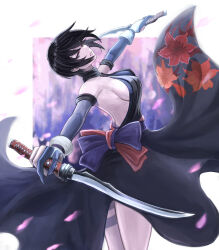 Rule 34 | 1girl, backless outfit, black hair, blue eyes, breasts, dual wielding, heterochromia, highres, holding, large breasts, red eyes, samurai spirits, shiki (samurai spirits), sideboob, snk, solo, sword, weapon