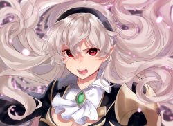 Rule 34 | 1girl, armor, black armor, black hairband, blurry, blurry background, breasts, cape, cleavage cutout, clothing cutout, collar, commentary, corrin (female) (fire emblem), corrin (female) (nohr noble) (fire emblem), corrin (fire emblem), eyelashes, fangs, fire emblem, fire emblem fates, frills, hair between eyes, hair spread out, hairband, haru (nakajou-28), jewelry, large breasts, looking at viewer, nintendo, open mouth, pointy ears, red eyes, shoulder armor, silver hair, solo, upper body