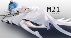 Rule 34 | 1girl, backless dress, backless outfit, bare back, bare shoulders, blue eyes, blue hair, character name, commentary, covered mouth, covering own mouth, dated, dress, full body, girls&#039; frontline, gloves, gradient background, hair over one eye, hairband, hand over own mouth, high heels, kneehighs, looking at viewer, looking back, lying, official alternate costume, on stomach, one eye covered, short hair, sleepless (wrysmile), sleeveless, sleeveless dress, socks, solo, unworn footwear, white dress, white footwear, white gloves, white socks, zas m21 (girls&#039; frontline), zas m21 (white queen) (girls&#039; frontline)