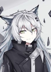 Rule 34 | 1girl, animal ear fluff, animal ears, arknights, black jacket, commentary request, fuxiou fuxiu, grey background, grey eyes, hair between eyes, high collar, jacket, lappland (arknights), long hair, looking at viewer, scar, scar across eye, scar on face, silver hair, smile, solo, upper body, wolf ears