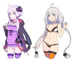 Rule 34 | 2girls, absurdres, ahoge, bare arms, bare legs, bare shoulders, black panties, blue eyes, blush, bow, bow panties, bra, braid, breasts, cleavage, closed mouth, commentary request, copyright request, cowboy shot, criss-cross halter, cropped legs, dress, enkyo yuuichirou, gluteal fold, hair ornament, halterneck, highres, hood, hood down, hoodie, kizuna akari, long hair, long sleeves, looking to the side, medium breasts, multiple girls, navel, open clothes, open hoodie, orange legwear, panties, purple dress, purple eyes, purple hair, purple legwear, ribbed dress, short dress, short hair with long locks, sidelocks, silver hair, simple background, smile, standing, thighhighs, twin braids, underwear, underwear only, very long hair, vocaloid, wavy mouth, white background, yuzuki yukari
