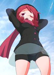 Rule 34 | 1girl, arms behind head, arms up, bike shorts, black jacket, blue sky, commentary request, day, highres, hood, hood up, hooded jacket, jacket, kemurikusa, long sleeves, looking away, one eye closed, open mouth, outdoors, red eyes, red hair, red scarf, riku (kemurikusa), sat-c, scarf, see-through, see-through skirt, sharp teeth, skirt, sky, solo, teeth, wince