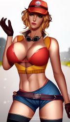 Rule 34 | 1girl, baseball cap, belt, black gloves, black thighhighs, blonde hair, blue shorts, bra, breasts, brown belt, cidney aurum, cleavage, collarbone, denim, denim shorts, final fantasy, final fantasy xv, gloves, goggles, goggles around neck, green eyes, hat, highres, large breasts, looking to the side, midriff, navel, open clothes, open vest, red bra, red headwear, short hair, shorts, sky, square enix, standing, thighhighs, underwear, v1mpaler, vest, yellow vest, zipper