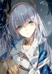 Rule 34 | 1girl, anastasia (fate), bison cangshu, blue eyes, blush, cape, commentary request, doll, dress, fate/grand order, fate (series), hairband, holding, jewelry, long hair, looking at viewer, orange hairband, orange ribbon, ribbon, royal robe, silver hair, solo, very long hair