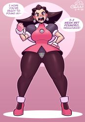 Rule 34 | 1girl, blush, breasts, capcom, cobat, earrings, english text, female focus, full body, gloves, gluteal fold, green eyes, highres, jewelry, large breasts, looking at viewer, mega man (series), mega man legends (series), short hair, solo, speech bubble, sweat, thick thighs, thighs, tron bonne (mega man)
