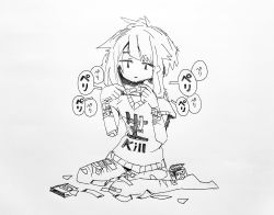 Rule 34 | 1girl, arms up, bandaid, bandaid on leg, box, cuts, full body, greyscale, highres, holding, holding bandaid, injury, kneeling, looking down, monochrome, original, outo eguchi, shirt, short hair, short sleeves, simple background, sitting, solo, speech bubble, t-shirt, translation request