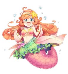 Rule 34 | 1girl, :d, absurdres, bikini, bikini top only, blush, bracelet, breasts, bubble, chiba sadoru, curly hair, female focus, fins, fish tail, floating hair, green eyes, highres, jewelry, long hair, looking at viewer, mermaid, milky rush, monster girl, navel, open mouth, orange hair, simple background, skirt, smile, solo, starfish, swimsuit, tail, white background